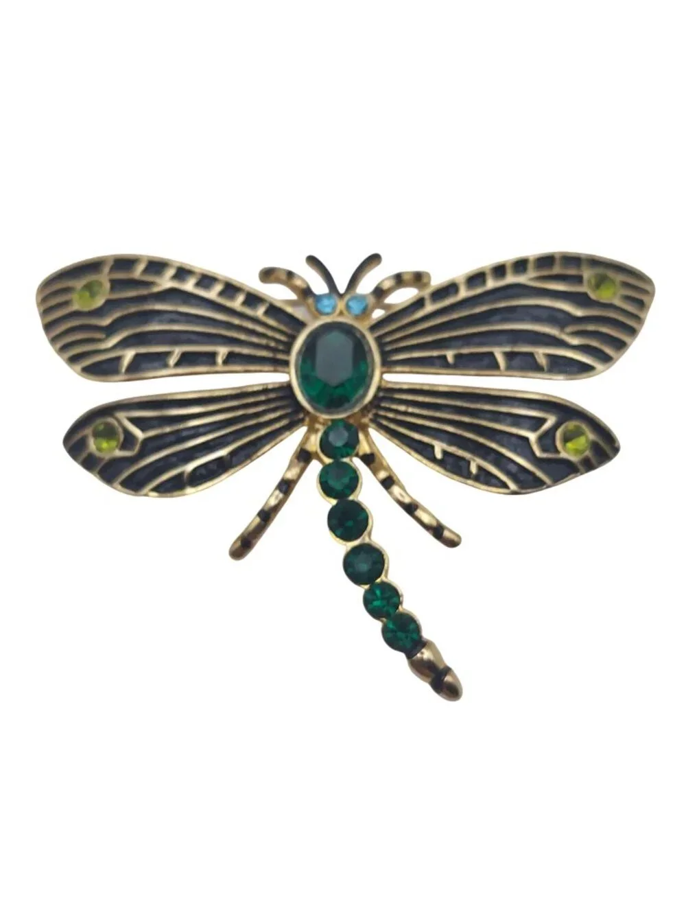 Dragonfly Brooch Pin Green & Blue Crystals Gold Tone Enamel Insect Bug Vintage